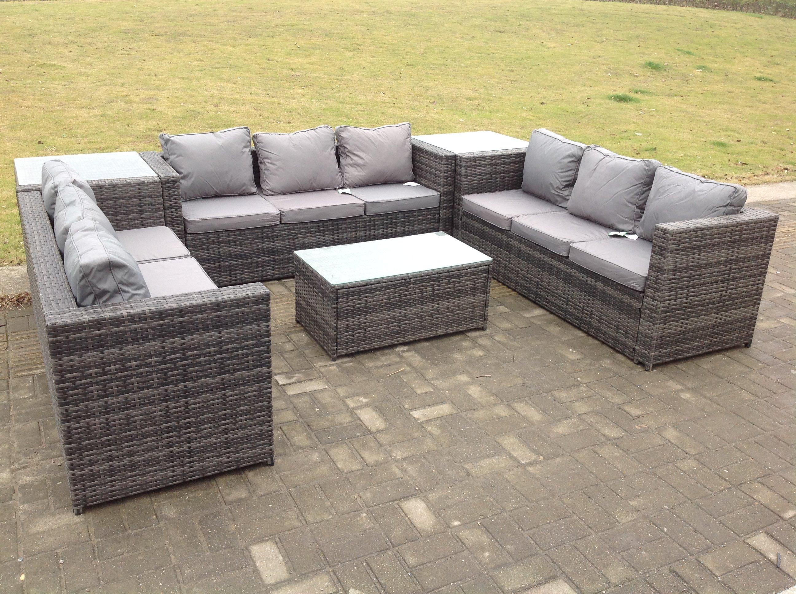 Outdoor Rattan Garden Furniture Lounge Sofa Set With Oblong Coffee Table And 2 Side Tall Table